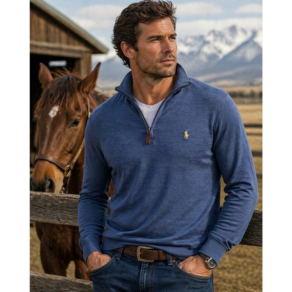 Polo Ralph Lauren Merino Wool Quarter Zip Sweater Heathered Blue M Italian Yarn